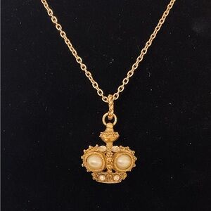 #199 Vintage Graziano Crown Pendant Necklace- Pearl & Rhinestone Bold Statement